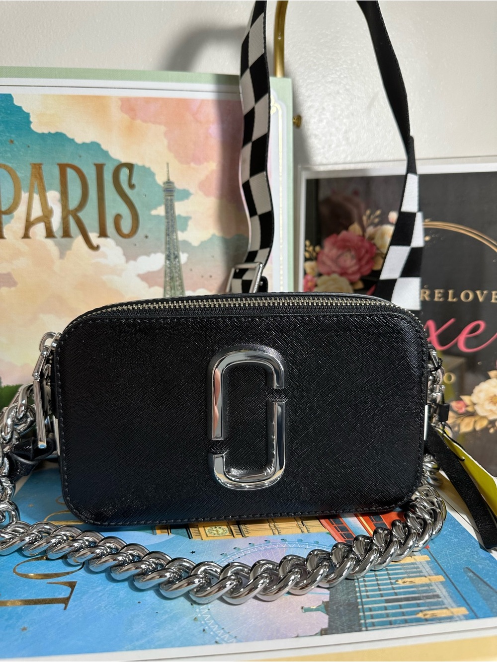 Marc Jacobs Black Crossbody Camera Bag with Checker Strap and Silver Hardware - Picture 2 of 7